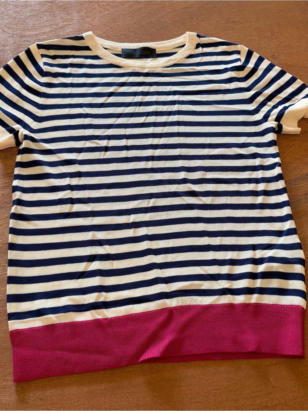 Zara Navy Blue & Creamed Stretchy Striped Knit Top Pink Accent Size Small S